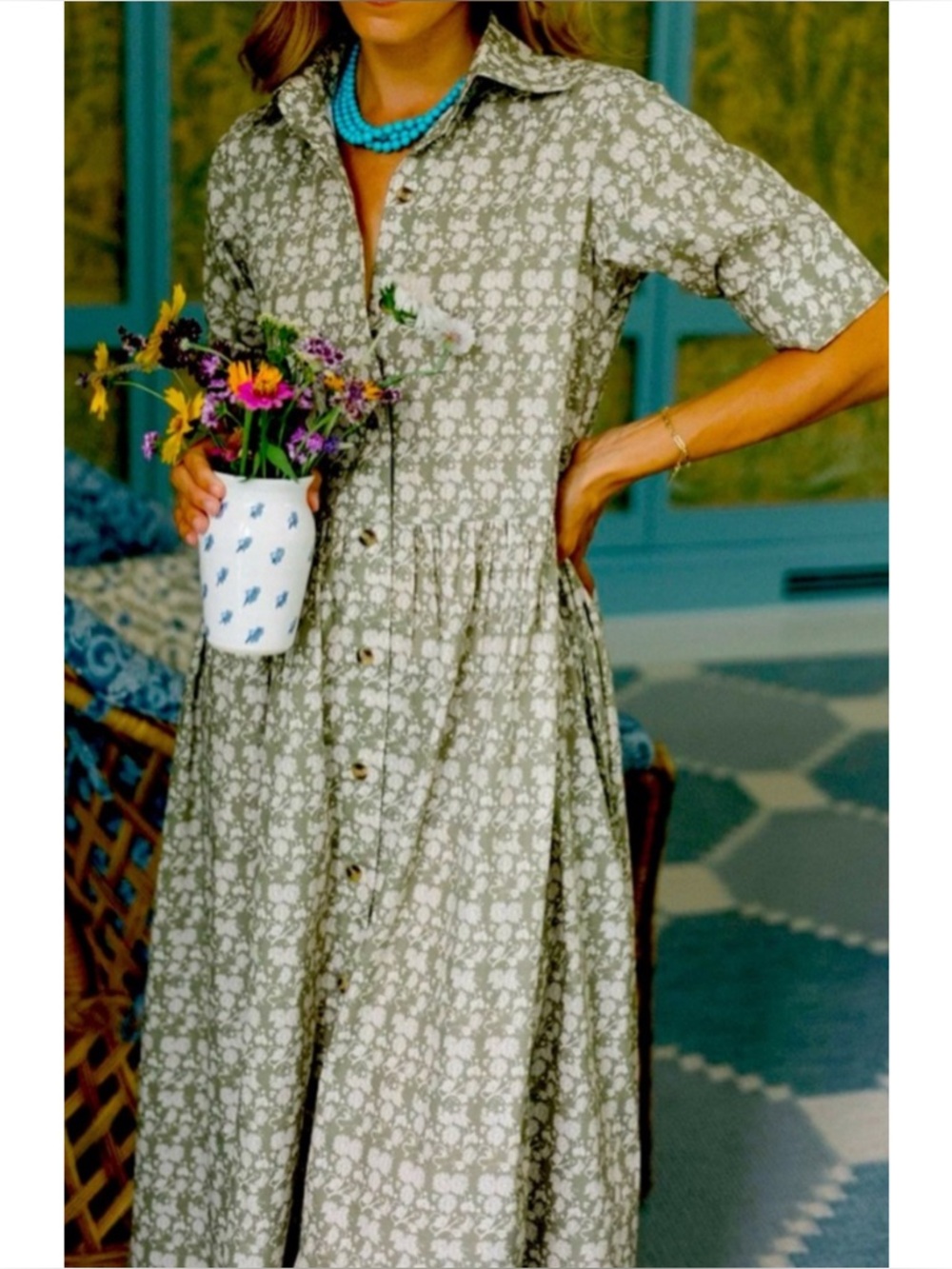 PARTERRE | NWOT Owen Shirt Dress in Everly Sage Green Floral, Size 00 (US 00-2)